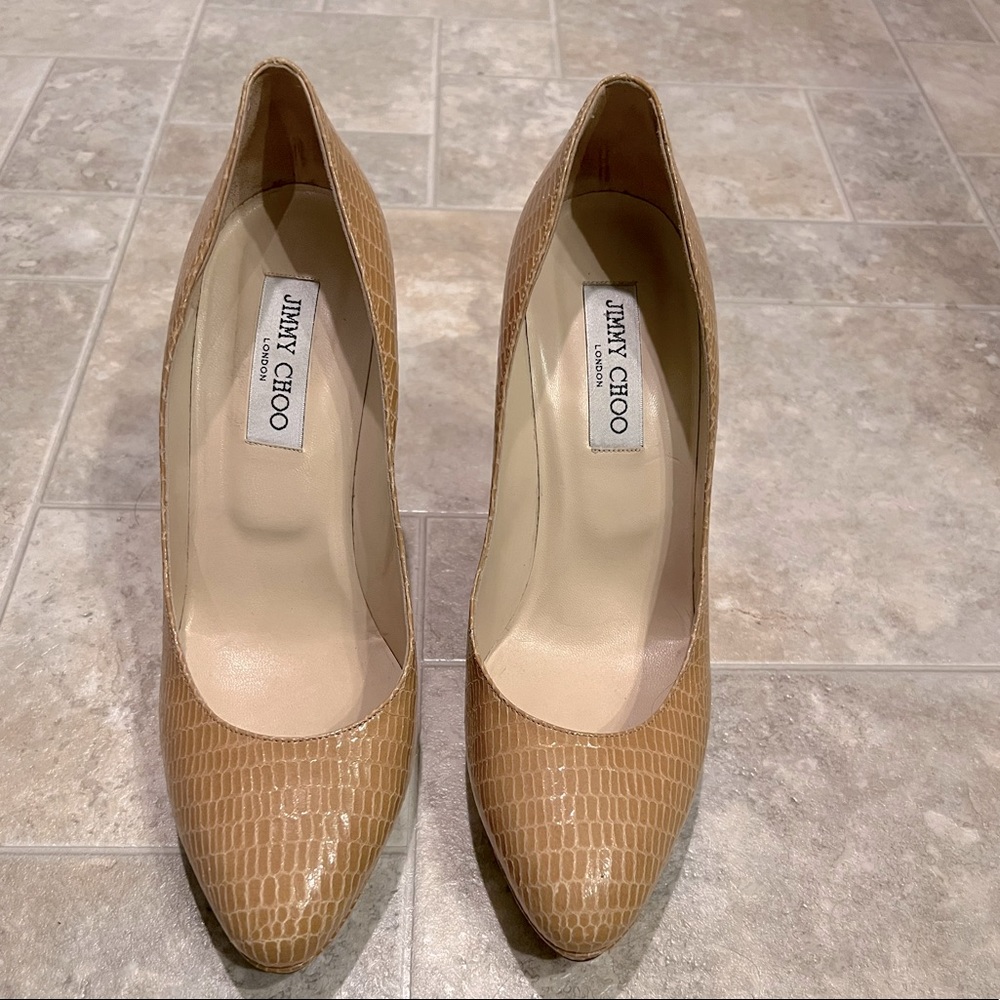 Jimmy Choo tan lizard almond toe pump